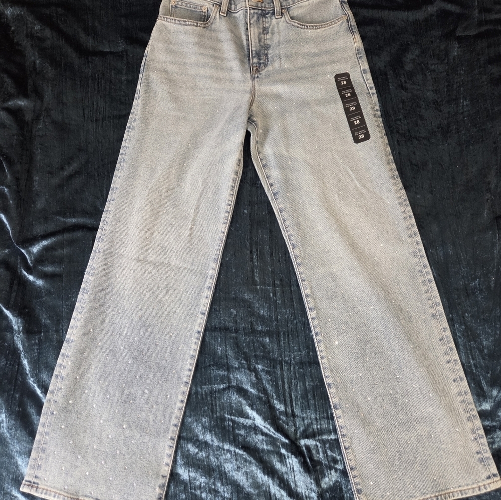 Women’s Rhinestone Wide Leg Jeans Slim Fit Embellished High Waist Denim Y2K S:28 - Picture 3 of 7